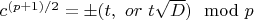 $c^{(p+1)/2}=\pm(t, \ or \ t\sqrt D)\mod p$