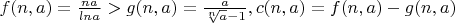 $f(n,a)=\frac{na}{ln a}>g(n,a)=\frac{a}{\sqrt[n] a -1},c(n,a)=f(n,a)-g(n,a)$