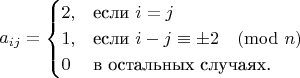 \[
a_{ij}= \begin{cases}2, & \text{если }i = j \\
 1, & \text{если }i-j \equiv \pm 2 \pmod n \\
 0 & \text{в остальных случаях.}\end{cases}
\]