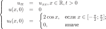$$\left\{
\begin{array}{rcl}
 u_{tt}&=&u_{xx}, x \in \mathbb{R}, t > 0 \\
 u(x, 0)&=&0 \\
u_t(x, 0) &=& \begin{cases}
2 \cos x,&\text{если $x \in [-\frac{\pi}{2}; \frac{\pi}{2}]$;}\\
0,&\text{иначе}
\end{cases}
\end{array}
\right.$$