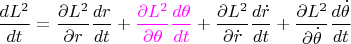 $\dfrac{dL^2}{dt}=\dfrac{\partial L^2}{\partial r}\dfrac{dr}{dt}+{\color{magenta}\dfrac{\partial L^2}{\partial\theta}\dfrac{d\theta}{dt}}+\dfrac{\partial L^2}{\partial\dot r}\dfrac{d\dot r}{dt}+\dfrac{\partial L^2}{\partial\dot\theta}\dfrac{d\dot\theta}{dt}$