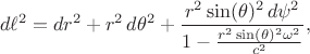 $$
d \ell^2 = dr^2 + r^2 \, d\theta^2 + \frac{ r^2 \sin(\theta)^2 \, d\psi^2}{1 - \frac{r^2 \sin(\theta)^2 \omega^2}{c^2}},
$$