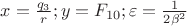 $x=\frac{q_3}{r};    y=F_{10};   \varepsilon=\frac{1}{2\beta^2}$