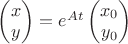 $\begin{pmatrix}x\\y\end{pmatrix}=e^{At}\begin{pmatrix}x_0\\y_0\end{pmatrix}$