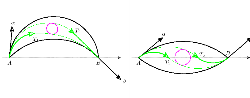 \begin{picture}(232,176)
\linethickness{0.4pt}\qbezier(0,0)(116,0)(232,0)
\qbezier(232,0)(232,88)(232,176)
\qbezier(232,176)(116,176)(0,176)
\qbezier(0,176)(0,88)(0,0)
\linethickness{0.6pt}\qbezier(213,72)(212,73)(212,74)
\qbezier(212,74)(214,73)(216,72)
\qbezier(216,72)(214,72)(212,71)
\qbezier(212,71)(212,72)(213,72)
\linethickness{0.6pt}\qbezier(4,72)(109,72)(213,72)
\put(13,60){$A$}\put(172,60){$B$}
\linethickness{1.1pt}\qbezier(16,72)(18,93)(29,110)
\qbezier(29,110)(41,126)(58,136)
\qbezier(58,136)(76,146)(96,146)
\qbezier(96,146)(117,146)(135,136)
\qbezier(135,136)(152,126)(163,110)
\qbezier(163,110)(175,93)(176,72)
\linethickness{1.1pt}\qbezier(21,122)(19,121)(18,120)
\qbezier(18,120)(20,124)(21,128)
\qbezier(21,128)(23,124)(24,120)
\qbezier(24,120)(22,121)(21,122)
\put(20,132){$\alpha$}
\linethickness{1.1pt}\qbezier(16,72)(19,97)(21,122)
\linethickness{1.1pt}\qbezier(16,72)(38,94)(67,102)
\qbezier(67,102)(96,109)(126,102)
\qbezier(126,102)(155,94)(176,72)
\linethickness{1.1pt}\qbezier(212,37)(212,39)(212,41)
\qbezier(212,41)(214,37)(216,33)
\qbezier(216,33)(212,35)(208,36)
\qbezier(208,36)(210,37)(212,37)
\put(220,28){$\beta$}
\linethickness{1.1pt}\qbezier(176,72)(194,55)(212,37)
\color{green}
\linethickness{1.3pt}\qbezier(53,115)(52,116)(51,118)
\qbezier(51,118)(56,117)(61,116)
\qbezier(61,116)(56,113)(52,111)
\qbezier(52,111)(53,113)(53,115)
\linethickness{1.3pt}\qbezier(16,72)(18,84)(24,94)
\qbezier(24,94)(30,103)(39,109)
\qbezier(39,109)(45,113)(52,114)
\qbezier(52,114)(53,115)(53,115)
\qbezier(132,116)(155,94)(176,72)
\linethickness{1.3pt}\qbezier(127,120)(127,123)(127,125)
\qbezier(127,125)(130,120)(132,116)
\qbezier(132,116)(127,118)(123,119)
\qbezier(123,119)(125,120)(127,120)
\linethickness{0.4pt}\qbezier(16,72)(18,88)(26,102)
\qbezier(26,102)(34,115)(47,124)
\qbezier(47,124)(60,132)(76,134)
\qbezier(76,134)(91,136)(106,132)
\qbezier(106,132)(121,127)(132,116)
\qbezier(61,116)(93,118)(123,107)
\qbezier(123,107)(153,95)(176,72)
\color{black}
\put(59,103){$T_1$}\put(134,118){$T_2$}\color{magenta}
\linethickness{0.8pt}
\qbezier(92,115)(94,114)(97,115)
\qbezier(97,115)(99,116)(101,118)
\qbezier(101,118)(103,120)(103,123)
\qbezier(103,123)(103,126)(102,128)
\qbezier(102,128)(101,131)(99,132)
\qbezier(99,132)(97,134)(94,134)
\qbezier(94,134)(92,135)(89,134)
\qbezier(89,134)(87,133)(85,131)
\qbezier(85,131)(84,128)(83,126)
\qbezier(83,126)(83,123)(84,121)
\qbezier(84,121)(85,118)(87,117)
\qbezier(87,117)(89,115)(92,115)
\color{black}
\linethickness{0.4pt}\qbezier(232,0)(348,0)(464,0)
\qbezier(464,0)(464,88)(464,176)
\qbezier(464,176)(348,176)(232,176)
\qbezier(232,176)(232,88)(232,0)
\linethickness{0.6pt}\qbezier(445,72)(444,73)(443,74)
\qbezier(443,74)(446,73)(448,72)
\qbezier(448,72)(446,72)(443,71)
\qbezier(443,71)(444,72)(445,72)

\linethickness{0.6pt}\qbezier(236,72)(340,72)(445,72)
\put(244,60){$A$}\put(404,77){$B$}
\linethickness{1.1pt}\qbezier(248,72)(271,91)(300,98)
\qbezier(300,98)(328,105)(357,98)
\qbezier(357,98)(386,91)(408,72)
\linethickness{1.1pt}\qbezier(287,105)(285,105)(283,106)
\qbezier(283,106)(287,107)(291,108)
\qbezier(291,108)(289,105)(287,101)
\qbezier(287,101)(287,103)(287,105)
\put(290,112){$\alpha$}
\linethickness{1.1pt}\qbezier(248,72)(267,88)(287,105)
\linethickness{1.1pt}\qbezier(248,72)(271,54)(300,47)
\qbezier(300,47)(328,40)(357,47)
\qbezier(357,47)(386,54)(408,72)

\linethickness{1.1pt}\qbezier(446,105)(445,105)(443,106)
\qbezier(443,106)(447,107)(451,108)
\qbezier(451,108)(449,105)(447,101)
\qbezier(447,101)(447,103)(446,105)
\put(455,103){$\beta$}
\linethickness{1.1pt}\qbezier(408,72)(427,88)(446,105)
\color{green}
\linethickness{1.3pt}\qbezier(296,76)(296,79)(296,81)
\qbezier(296,81)(299,77)(302,72)
\qbezier(302,72)(297,74)(292,75)
\qbezier(292,75)(294,76)(296,76)
\linethickness{1.3pt}\qbezier(248,72)(256,79)(265,81)
\qbezier(265,81)(275,83)(285,81)
\qbezier(285,81)(290,80)(295,77)
\qbezier(295,77)(295,77)(296,76)
\qbezier(355,72)(362,66)(372,64)
\qbezier(372,64)(382,62)(391,64)
\qbezier(391,64)(401,66)(408,72)
\linethickness{1.3pt}\qbezier(349,77)(349,79)(349,81)
\qbezier(349,81)(352,77)(355,72)
\qbezier(355,72)(350,74)(345,75)
\qbezier(345,75)(347,76)(349,77)
\linethickness{0.4pt}
\linethickness{0.4pt}\qbezier(248,72)(263,85)(282,90)
\qbezier(282,90)(302,94)(321,90)
\qbezier(321,90)(339,85)(354,73)
\qbezier(302,72)(317,60)(336,55)
\qbezier(336,55)(355,51)(374,55)
\qbezier(374,55)(393,60)(408,72)
\color{black}
\put(295,61){$T_1$}\put(357,75){$T_2$}\color{magenta}
\linethickness{0.8pt}
\qbezier(321,60)(325,59)(328,59)
\qbezier(328,59)(332,59)(335,62)
\qbezier(335,62)(338,64)(340,67)
\qbezier(340,67)(341,71)(341,74)
\qbezier(341,74)(340,78)(338,81)
\qbezier(338,81)(336,84)(333,86)
\qbezier(333,86)(329,87)(325,87)
\qbezier(325,87)(322,87)(319,84)
\qbezier(319,84)(316,82)(314,79)
\qbezier(314,79)(313,75)(313,72)
\qbezier(313,72)(313,68)(316,65)
\qbezier(316,65)(318,62)(321,60)
\end{picture}