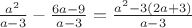 $\frac{a^2}{a-3}} - \frac{6a-9}{a-3}}=\frac{a^2-3(2a+3)}{a-3}}$