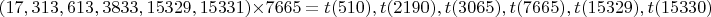 $(17, 313, 613, 3833, 15329, 15331)\times 7665 = t(510), t(2190), t(3065), t(7665), t(15329), t(15330)$