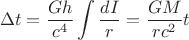 $$\Delta t=\frac{Gh}{c^4}\int \frac{dI}{r}=\frac{GM}{rc^2}t$$