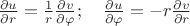 $\frac{\partial u}{\partial r} = \frac{1}{r}\frac{\partial v}{\partial \varphi};\quad \frac{\partial u}{\partial \varphi} = -r \frac{\partial v}{\partial r}$