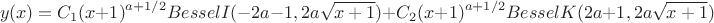$$y(x) = C_1  (x+1)^{a+1/2}BesselI(-2a-1, 2a\sqrt{x+1})+C_2(x+1)^{a+1/2}BesselK(2a+1,2a \sqrt{x+1})$$