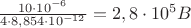 $\frac{{10 \cdot {{10}^{ - 6}}}}{{4 \cdot 8,854 \cdot {{10}^{ - 12}}}} = 2,8 \cdot {10^5}B$