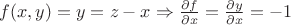 $f(x,y)= y = z - x \Rightarrow {\partial f\over \partial x} = {\partial y\over \partial x} = -1$