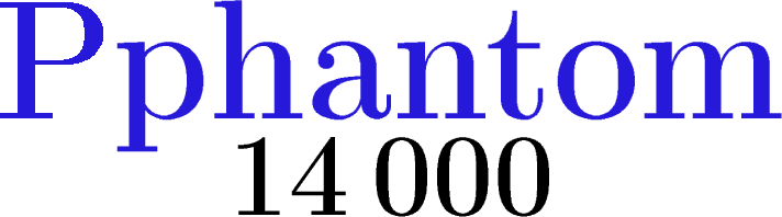 $\tikz[scale=2,transform shape, font=\fontsize{28}\selectfont,black]{
\node at (-.9,0) {\textbf{14}};
\node at (.65,0) {\textbf{000}};
\node at (0,.9) [scale=1.2,transform shape, font=\fontsize{33}\selectfont,blue!80!brown!100][rotate=0] {\textbf{Pphantom}}
;}$