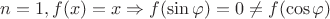 $$n=1,f(x)=x\Rightarrow f(\sin\varphi)=0\ne f(\cos\varphi)$$