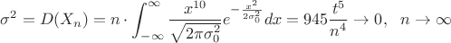 $$
\sigma^2=D(X_n)=n\cdot \int_{-\infty}^\infty\frac{x^{10}}{\sqrt{2\pi\sigma_0^2}}e^{-\frac{x^2}{2\sigma_0^2}}dx=945\frac{t^5}{n^4}\to 0,~~n\to\infty
$$