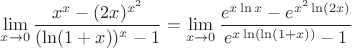 $\lim\limits_{x\to 0}\dfrac{x^x-(2x)^{x^2}}{(\ln(1+x))^x-1}=\lim\limits_{x\to 0}\dfrac{e^{x\ln x}-e^{x^2\ln(2x)}}{e^{x\ln(\ln(1+x))}-1}$
