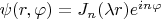 $\psi(r,\varphi)=J_n(\lambda r)e^{i n\varphi}$
