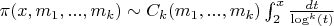 $\pi(x,m_1,...,m_k) \sim C_k(m_1,...,m_k) \int_2^x {\frac {dt} {\log^k(t)}$