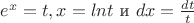 $e^x=t, откуда x=lnt$ и $dx=\frac{dt}{t}$