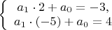 $\left\{\begin{array}{1}a_1\cdot 2+a_0=-3,\\a_1\cdot (-5) + a_0 = 4\end{array} \right. $