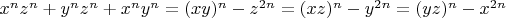 $x^n z^n+y^n z^n+x^n y^n=(x y)^n-z^{2 n}=(x z)^n-y^{2 n}=(y z)^n-x^{2 n}$