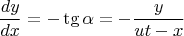 $$\frac{dy}{dx}=-\tg\alpha=-\frac{y}{ut-x}$$