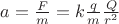 $a=\frac{F}{m}=k\frac{q}{m}\frac{Q}{r^2}$