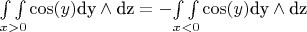 $\underset{x>0}{\int \int }\cos (y)\text{dy}\wedge \text{dz}=-\underset{x<0}{\int \int }\cos (y)\text{dy}\wedge \text{dz}$