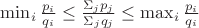 \min_i \frac{p_i}{q_i}\le \frac{\Sigma_{j}p_j}{\Sigma_{j}q_j} \le
 \max_i \frac {p_i}{q_i}