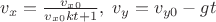 $v_x=\frac{v_{x0}}{v_{x0}kt+1},\; v_y=v_{y0}-gt$