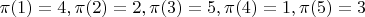 $\pi(1) = 4, \pi(2) = 2, \pi(3) = 5, \pi(4) = 1, \pi(5) = 3$