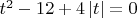 $\[{t^2} - 12 + 4\left| t \right| = 0\]$