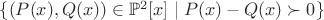 $\{(P(x),Q(x))\in\mathbb{P}^2[x]\mid P(x)-Q(x)\succ 0\}$