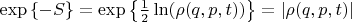 $\exp\left\{ - S \right\}=\exp\left\{ \frac{1}{2}\ln(\rho(q,p,t)) \right\}= \vert \rho(q,p,t) \vert $