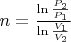 $n=\frac{\ln\frac{P_2}{P_1}}{\ln\frac{V_1}{V_2}}$