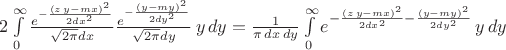 $2\int\limits_{0}^{\infty}\frac{e^{-\frac{(z\,y -mx)^2}{2 dx^2}}}{\sqrt{2\pi} dx} \frac{e^{-\frac{(y -my)^2}{2 dy^2}}}{\sqrt{2\pi} dy}\,y\,dy=\frac{1}{\pi\,dx\,dy}\int\limits_{0}^{\infty}e^{-\frac{(z\,y -mx)^2}{2 dx^2}-\frac{(y -my)^2}{2 dy^2}}\,y\,dy$