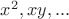 $x^2, xy, ...$