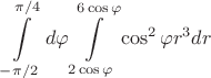 $$\int\limits_{-\pi/2}^{\pi/4}d\varphi\int\limits_{2\cos\varphi}^{6\cos\varphi}\cos^2\varphi r^3dr$$
