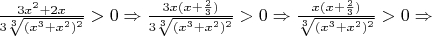 $\frac{3x^2+2x}{3\sqrt[3]{(x^3+x^2)^2}}>0 \Rightarrow \frac{3x(x+\frac{2}{3})}{3\sqrt[3]{(x^3+x^2)^2}}>0 \Rightarrow \frac{x(x+\frac{2}{3})}{\sqrt[3]{(x^3+x^2)^2}}>0 \Rightarrow $