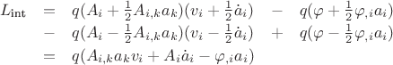 $\begin{array}{lclcl}L_{\text{int}}&=&q (A_i+\frac 12 A_{i,k}a_k)(v_i+\frac 12{\dot a}_i) &-&q(\varphi+\frac 12\varphi_{,i}a_i)\\[0.5ex]& -&q (A_i-\frac 12 A_{i,k}a_k)(v_i-\frac 12{\dot a}_i) &+&q(\varphi-\frac 12 \varphi_{,i}a_i)\\[0.5ex]&=&q (A_{i,k}a_k v_i+A_i {\dot a}_i -\varphi_{,i}a_i)\end{array}$