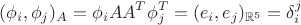 $$\displaystyle (\phi_i, \phi_j)_A=\phi_iAA^T\phi_j^T=(e_i,e_j)_{\mathbb R^5}=\delta_i^j$$