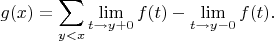 $$
g(x)=\sum\limits_{y<x}\lim\limits_{t\to y+0}f(t)-\lim\limits_{t\to y-0}f(t).
$$