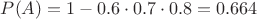 $P(A)=1-0.6 \cdot 0.7 \cdot 0.8=0.664$