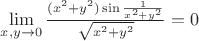 $\lim\limits_{x,y\to 0}\frac{(x^2+y^2)\sin{\frac{1}{x^2+y^2}}}{\sqrt{x^2+y^2}}=0$