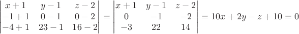 $$\begin{vmatrix}x+1&y-1&z-2\\-1+1&0-1&0-2\\-4+1&23-1&16-2\end{vmatrix}=\begin{vmatrix}x+1&y-1&z-2\\0&-1&-2\\-3&22&14\end{vmatrix}=10x+2y-z+10=0$$