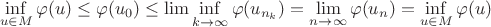 $$\inf\limits_{u \in M}\varphi(u)\le \varphi(u_0)\le \lim\inf\limits_{k \to \infty} \varphi(u_{n_{k}})=\lim\limits_{n\to \infty}\varphi(u_n)=\inf\limits_{u \in M}\varphi(u) $$