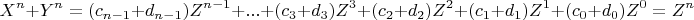 \[ 
X^n  + Y^n  = (c_{n - 1}  + d_{n - 1} )Z^{n - 1}  + ... + (c_3  + d_3 )Z^3  + (c_2  + d_2 )Z^2  + (c_1  + d_1 )Z^1  + (c_0  + d_0 )Z^0  = Z^n  
\]