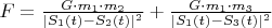 $ F = \frac{G \cdot m_1 \cdot m_2}{ | S_1(t) - S_2(t) |  ^2} + \frac{G \cdot m_1 \cdot m_3}{ | S_1(t) - S_3(t) |  ^2} $