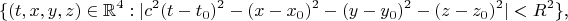 $$\{(t,x,y,z)\in\mathbb R^4:|c^2(t-t_0)^2-(x-x_0)^2-(y-y_0)^2-(z-z_0)^2|<R^2\}\text{,}$$
