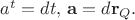 $a^t=dt,\,\mathbf{a} = d\mathbf{r}_Q.$ $a^t=dt,\,\mathbf{a} = d\mathbf{r}_Q.$
